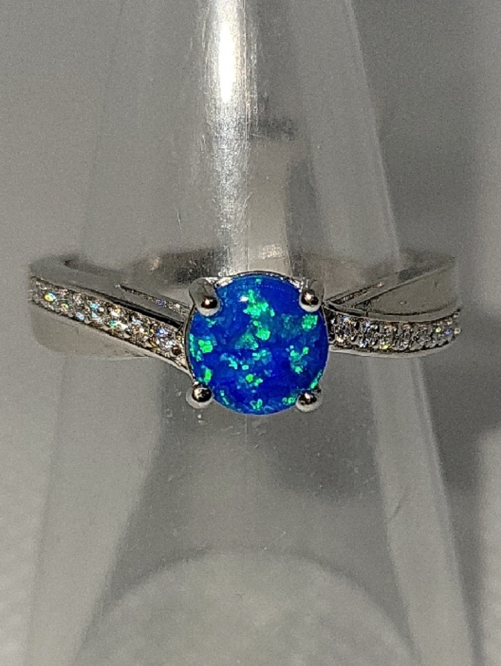 Sterling Silver Blue-Green Opal Solitaire Ring with Pavé Accents
